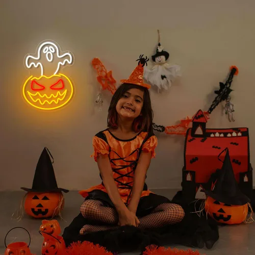 Vista 6 de Letrero de neón de calabaza fantasma de Halloween, cara de fantasma, luz de neón espeluznante de calabaza de neón, letreros LED regulables