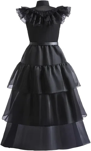 Vista 8 de GRIVOS Wednesday Addams - Disfraces de vestir para niños y niñas, fiesta familiar, disfraz de cosplay con peluca de cinturón de 4 a 14 años