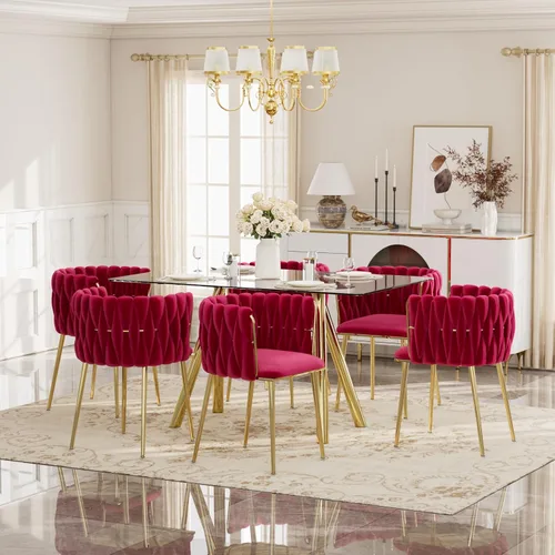 Vista 27 de Glam Style - Juego de mesa de comedor de 5 piezas para 4, mesa de comedor rectangular de vidrio templado de 51 pulgadas con base de metal dorado