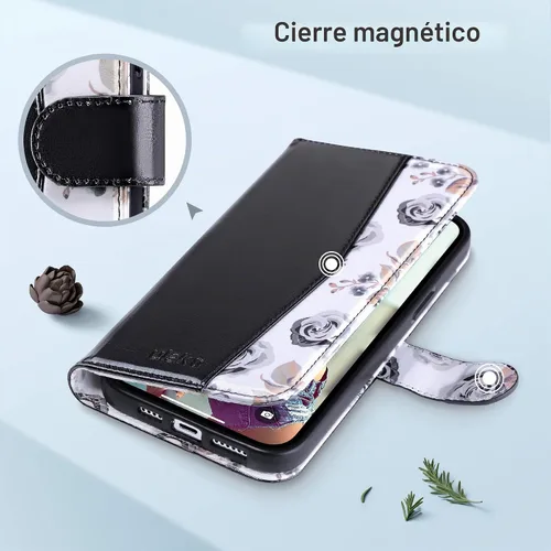 Vista 5 de ULAK Funda tipo cartera compatible con iPhone 15 Pro con tarjetero y diseño de flores, para mujeres y niñas, piel sintética, con función atril