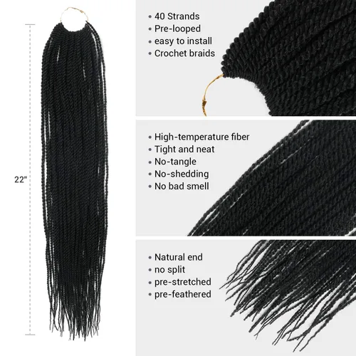 Vista 3 de AU-THEN-TIC Cabello senegalés con trenzas de ganchillo de 22 pulgadas, paquete de 2 paquetes de 40 mechones por paquete, extensiones de cabello
