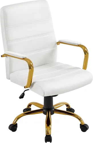 Vista 10 de Yaheetech Silla de Oficina de Respaldo Medio de Cuero PU Silla de Escritorio Ejecutiva Ajustable con Soporte Lumbar Patas Doradas Asiento Negro