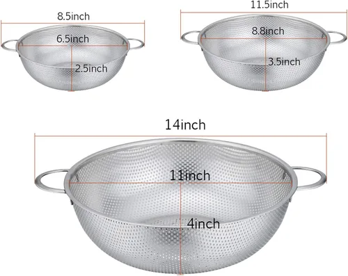 Vista 5 de P&P CHEF Colador de 3 coladores microperforados de acero inoxidable para drenar y enjuagar, ideal para pasta, verduras, frutas, resistente y apto