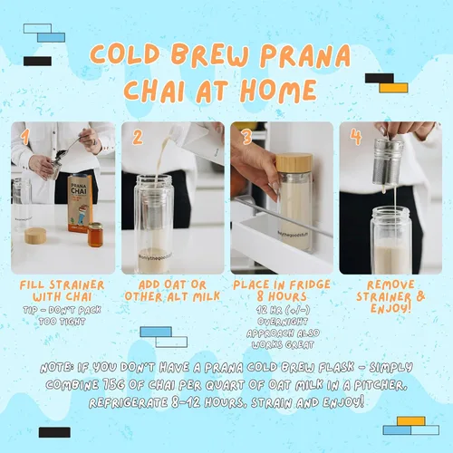 Vista 7 de Prana Chai Paquete de iniciación de 2 bolsas Chai Lovers que incluye tetera Chai, colador de malla fina y 2 bolsas de mezcla Masala totalmente