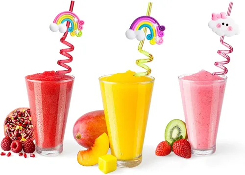 Vista 2 de Suministros para fiesta de cumpleaños de arco iris, pajitas de plástico para beber, 24 para niños y niñas, decoraciones de fiesta de nube arcoíris