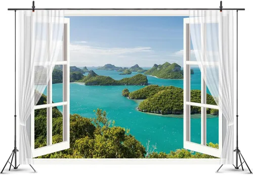Vista 3 de Fondo de paisaje de ventana de 5 x 3 pies con vista al mar, paisaje natural, fondo de fotografía, decoración del hogar, accesorios para cabina