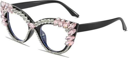 Vista 12 de LJCZKA Rhinestone Cat Eye Glasses Women Retro Diamond Bling Shiny Cateye Blue Light Blocking Glasses Computer Eyeglasses
