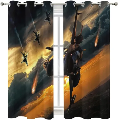 Vista 8 de Cortinas opacas con diseño de avión para dormitorio, hermoso estampado de combatientes de puesta de sol, con ojales, aislamiento térmico, cortinas