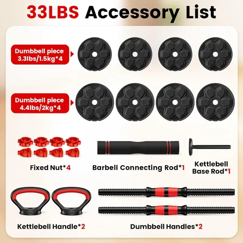 Vista 3 de Adjustable Dumbbell Set, 20/33/45/70/90lbs Free Weight Set with Connector, 5-in-1 Dumbbell Set for Barbells, Kettlebells, Push up Stand, Weight 33LB