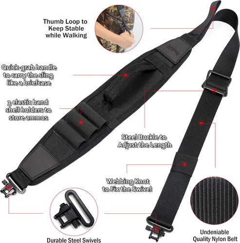 Vista 3 de HUNTPAL Two Point Shotgun Sling with Swivels and Quick-Grab Handle 3 Shotgun Shell Holders, Quick Adjustment Slider and Swivels, Neoprene Padded
