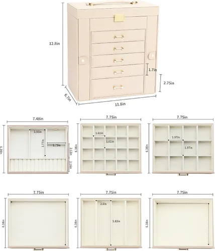 Vista 6 de V-LAFUYLIFE Caja de almacenamiento de joyas, organizador de joyas con 22 ganchos para collares, caja de joyería grande para anillos, pulseras