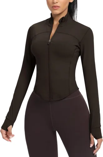 Vista 79 de AVGO Chaquetas de entrenamiento recortadas para mujer, con cremallera, ajustadas, atléticas, con agujeros para el pulgar