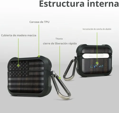 Vista 4 de Carveit - Funda de madera maciza para AirPods Pro 3, bandera estadounidense, color negro