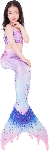 Vista 3 de Traje de baño de princesa con cola de sirena para nadar, traje de baño de 6 piezas, Rosado