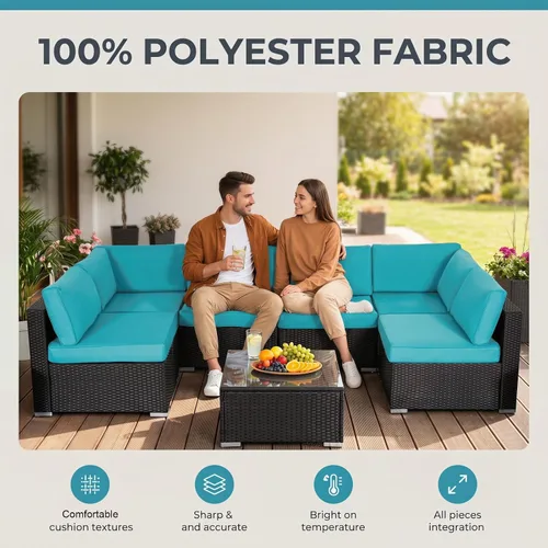 Vista 8 de KINTNESS Fundas de cojín de repuesto para sofá modular de ratán de 7 piezas, 14 fundas impermeables para cojines de patio con cremallera (azul)