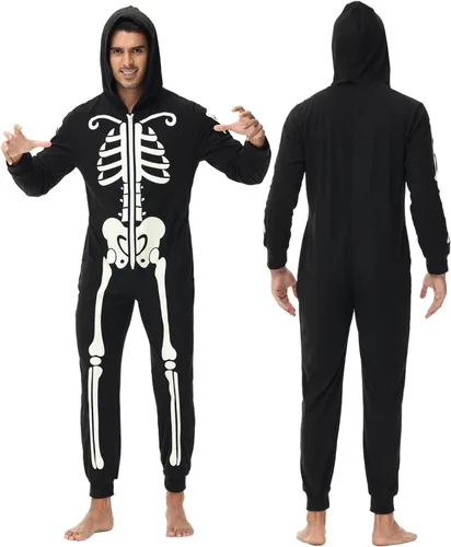 Vista 3 de Veseacky Conjunto de pijamas familiares a juego con diseño de esqueleto que brilla en la oscuridad, overol de Halloween con capucha y cremallera