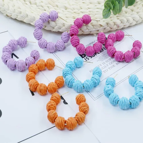 Vista 5 de Statement Rattan Hoop Earrings, Raffia Earrings for Women Girls, Bohemian Raffia Dangle Earrings, Trendy Summer Earrings Jewelry Gifts