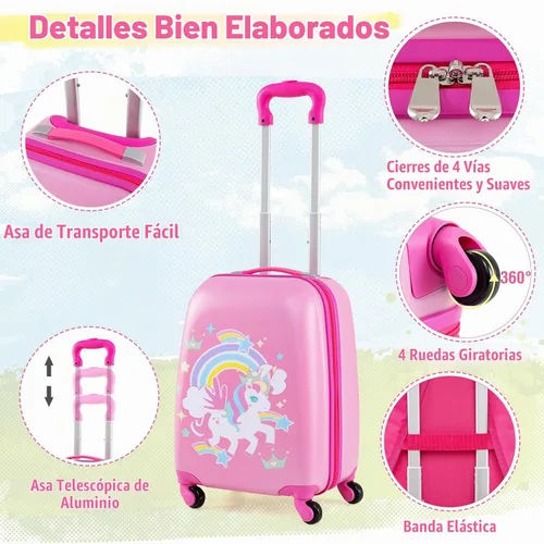 Vista 4 de GYMAX Juego de equipaje de mano para niños, maleta con ruedas de 12 y 16 pulgadas, 2 piezas Pony Corona
