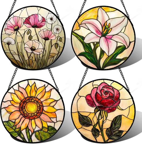 Vista 9 de Juego de 4 piezas para colgar vidrieras, rosas rojas, girasoles amarillos, 6.3 pulgadas, atrapasoles de flores, puerta de jardín, decoración