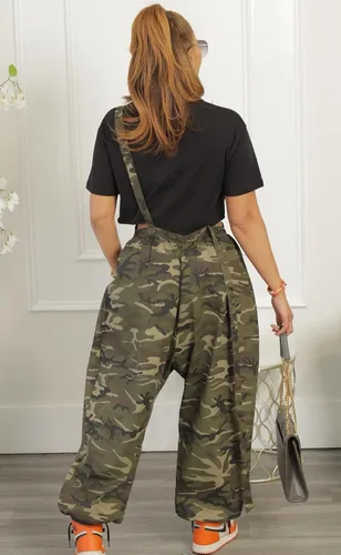 Vista 3 de Overol sexy de camuflaje para mujer, sin negro, holgado, con pechera, con bolsillos