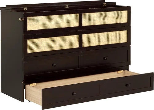 Vista 5 de Cama Murphy de tamaño queen, cama de madera de pino con decoración y cajón de ratán, color espresso