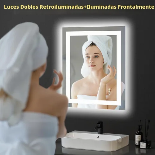 Vista 2 de Hivone - Espejo de baño LED de 24x30 pulgadas con luces, función antivaho, regulable, retroiluminado + iluminación frontal, espejo de tocador