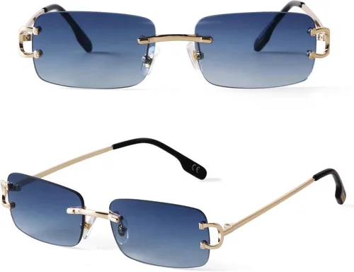 Vista 18 de Rimless Sunglasses for Men Women Small Narrow Rectangle Sunglasses 2 piezas: azul degradado+marrón degradado