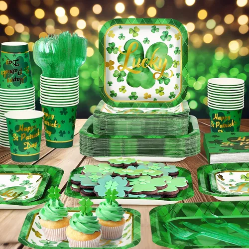 Vista 6 de Juego de vajilla de 200 piezas para fiesta del Día de San Patricio, juego de vajilla de trébol verde para 25 invitados, a cuadros, trébol