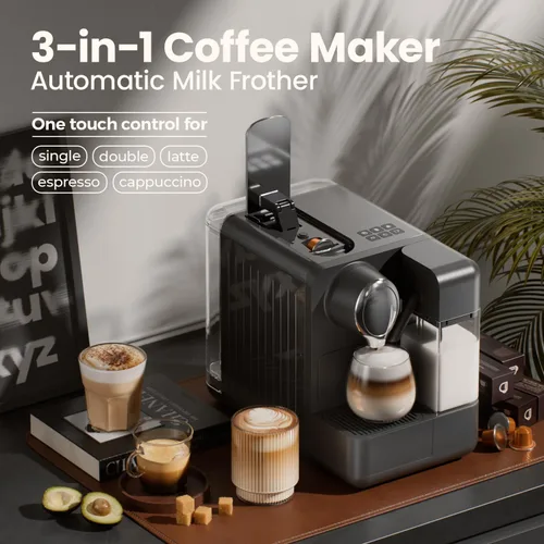 Vista 2 de Máquina de café expreso con espumador de leche automático integrado, compatible con cápsulas, cafetera de una sola porción compatible con cápsulas