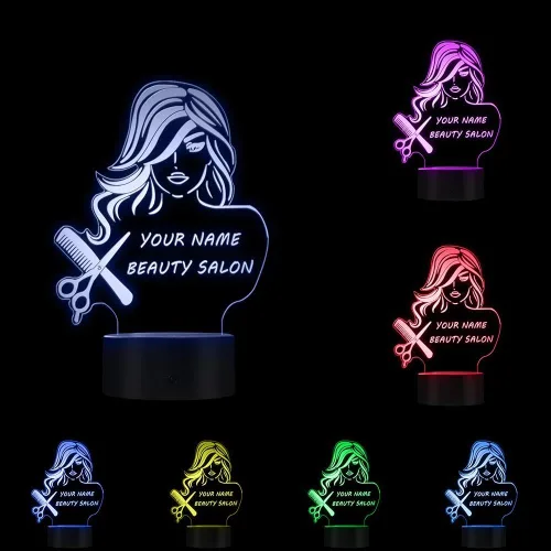 Vista 2 de The Geeky Days Salón de belleza 3D LED noche luz peluquería peluquería tijeras peine mesa escritorio lámpara nombre personalizado diseño moderno