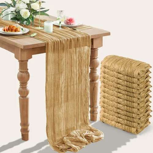 Vista 14 de Paquete de 12 caminos de mesa de gasa arrugada de 35 x 120 pulgadas, estilo bohemio, centros de mesa románticos para mesas, mantel versátil