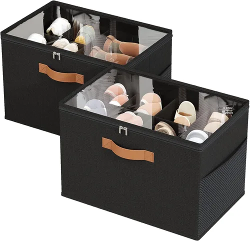 Vista 8 de Organizador de zapatos para armario, paquete de 2 cajas plegables de almacenamiento de zapatos con divisores ajustables y cubierta transparente, se