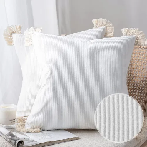 Vista 9 de Phantoscope Paquete de 2 fundas de almohada de pana suave para Halloween y otoño, decorativas de terciopelo a rayas con borlas de algodón, fundas