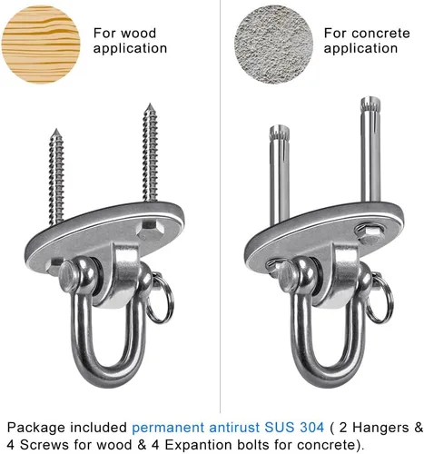 Vista 5 de SELEWARE 2 perchas de acero inoxidable de 180° de capacidad de 2000 libras, ganchos de columpio resistentes para techo de hormigón de madera