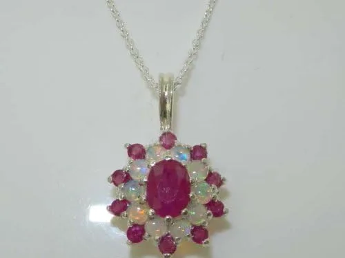 Vista 3 de Ladies Solid 925 Sterling Silver Ornate Large Natural Ruby & Opal Large Cluster Pendant Necklace