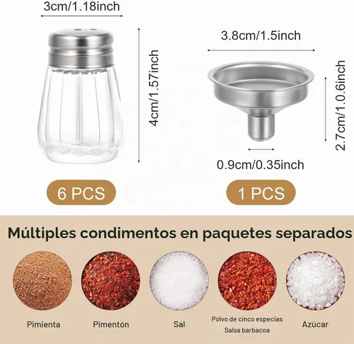 Vista 2 de Thinp 6 mini saleros y pimenteros de cristal con tapas de acero inoxidable y 1 mini embudos de acero inoxidable para cocina, restaurantes, bodas