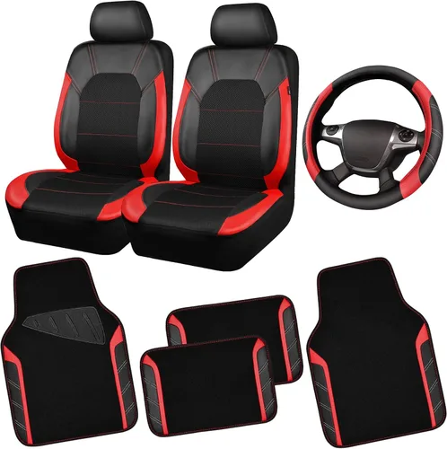Vista 9 de CAR PASS Funda para volante de cuero y alfombrillas de coche impermeables, combo universal de microfibra para coche, diseño deportivo antideslizante