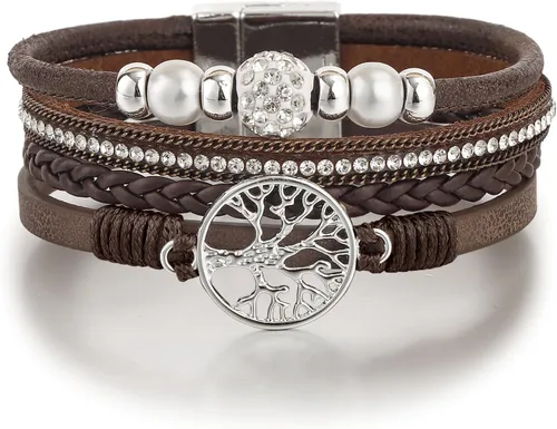 Vista 10 de Edoneery - Pulsera envolvente de cuero para mujer, brazalete de puño de múltiples capas hecho a mano estilo bohemio con cuentas de cristal