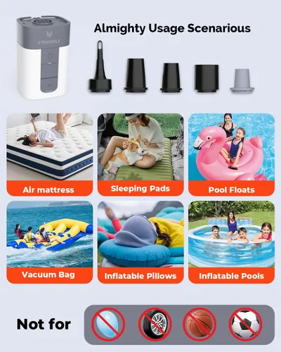 Vista 4 de ETENWOLF AIR 5 - Bomba de aire para inflables, bomba de aire eléctrica portátil con batería de 5200 mAh, inflador rápido y desinflador 4X, bomba