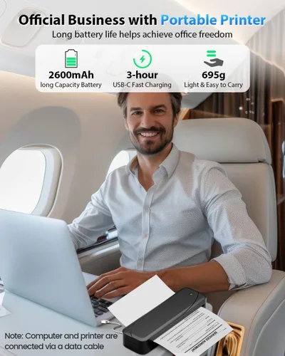 Vista 2 de Impresoras portátiles inalámbricas para viajes, impresora térmica Bluetooth sin tinta Negro