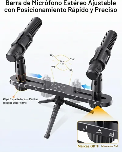 Vista 2 de Barra de micrófono estéreo, barra de montaje de micrófono doble ajustable, soporte de micrófono doble universal para soporte, barra de micrófono
