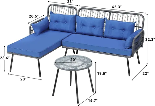 Vista 7 de YITAHOME Muebles de patio en forma de L para exteriores, juego de sofá seccional para patio trasero, porche con cojines gruesos, tumbona gris + azul