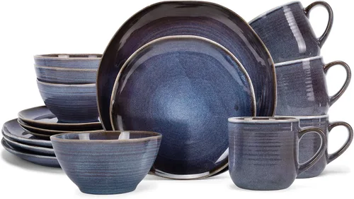 Vista 11 de Elanze Designs Reactive Glaze Farmhouse - Juego de vajilla rústica de cerámica bohemia de cerámica de 16 piezas, servicio para 4, color azul hielo