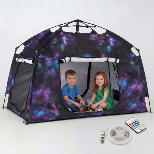 Vista 11 de Casa de juegos para niños fácil de instalar con bonita tira de luces LED y 3 aberturas grandes, carpa de juego portátil para niños y habitación