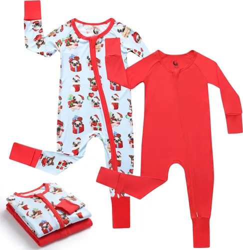 Vista 25 de Pijama de viscosa de bambú con cremallera de 2 vías para cambio de pañal, 0 a 24 meses, suave y elástico, paquete de 2 Oso azul