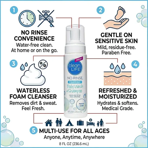 Vista 2 de No-Rinse Gel de Ducha Espumoso - Limpiador de Espuma Sin Agua para Ancianos, Adultos, Niños, Bebés y Cuidadores - Sin Enjuague para Piel Sensible