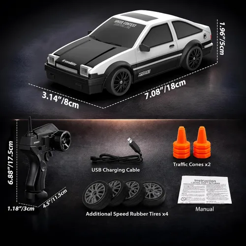 Vista 7 de Auto de control remoto RC Drift Car 2.4GHz escala 1:24 4WD 15KM/H Modelo de vehículo de alta velocidad con luces LED Neumático de Derrape Coche