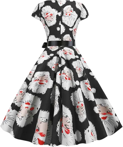 Vista 4 de Vestido midi de manga casquillo para mujer, vestido de Navidad con estampado de Papá Noel, vestido de fiesta de cóctel retro vintage de los años 50
