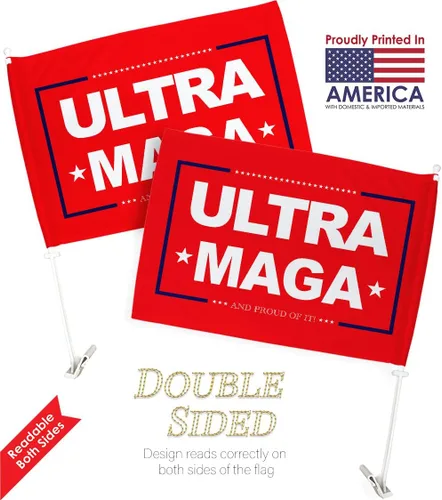 Vista 3 de Bandera roja Ultra MAGA para automóvil, decoración de automóvil, decoración de ventana, soporte de montaje con clip en tapiz pequeño Pro Trump 2024