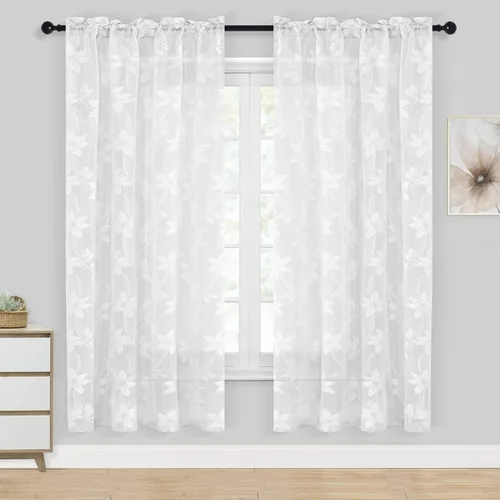 Vista 48 de DWCN Paquete de 2 cortinas traslúcidas pequeñas de encaje floral beige para cocina, cortinas traslúcidas ligeras con bolsillo para barra, cortinas